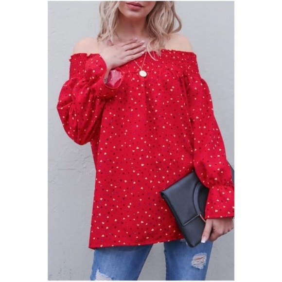 01 Boho off shoulder heart print Blouse Top - Picture 4 of 4